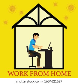 COVID-19 . WORK FROM HOME. COVID-19 Lockdown Quarantine  with Coronavirus icon logo vector Illustration. Coronavirus in home isolation lockdown.  Healthcare and medical concept.