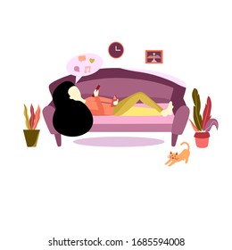 COVID-19. Work from home. Work at home. Social distancing. Young woman working on sofa. Illustration vector style.