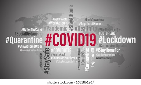 COVID19 world hashtag background concept. COVID 19 and Coronavirus word cloud word tag on world map background. Abstract concept Corona virus disease. Vector illustration
