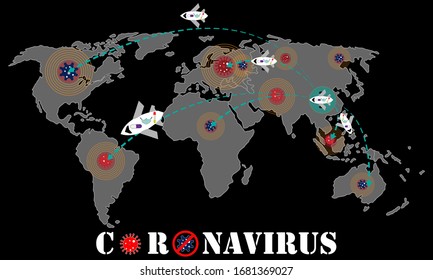 Covid-19, World map of Corona virus, Covid19 is spreading across the world. China sends medical equipment to foreign countries.