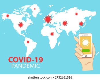 Covid-19 world map. Coronavirus disease situation. March 2020. Global pandemic. Vector illustration, flat design