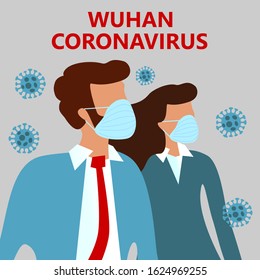 COVID-19 Wuhan Novel coronavirus (2019-nCoV),  woman and man in suit with blue medical face mask. Concept of coronavirus quarantine