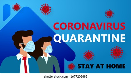 COVID-19 Wuhan Novel coronavirus 2019-nCoV quarantine and stay at home on blue background. woman and man in suit with blue medical face mask. Corona Virus disease 2019 Pandemic Protection Concept