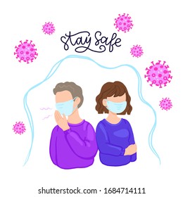 COVID-19 Wuhan Novel coronavirus 2019-nCoV, woman and man in shirt with blue medical face mask. Concept of coronavirus quarantine, stay safe inscription.