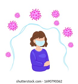 COVID-19 Wuhan Novel coronavirus 2019-nCoV, woman in shirt with blue medical face mask. Concept of coronavirus quarantine