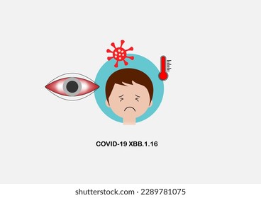 Covid-19 XBB.1.16 variant causing itchy conjunctivitis or pinkeye and high fever in children. Vector illustration.