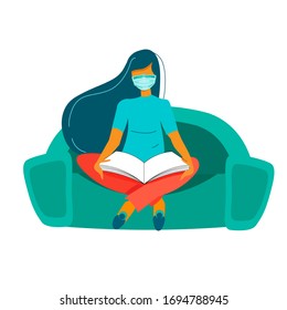 covid-19 young women sitting at home in an armchair and reading a book, coronavirus molecules fly, flat style vector illustration. Social distance and self-isolation during quarantine.