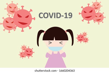COVID-19:Coronavirus in air attack girl Vector.