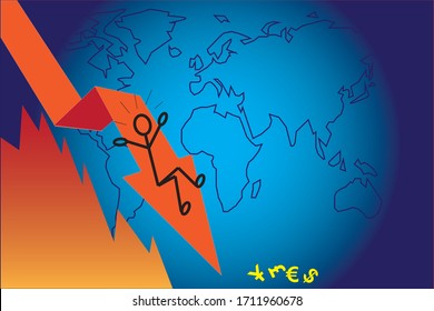 covid-19.coronavirus.The chart below is below. Pointing arrow below. Concept of the Global Economic Crisis. The financial recession is in all world map.