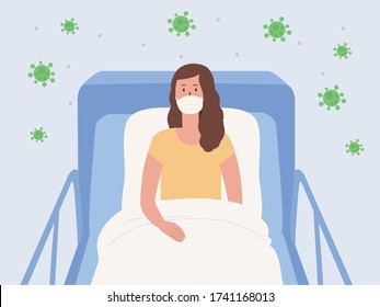 The COVID-19's Patient Wearing A Surgical Mask And Lying Down On The Bed Of Hospital With Coronavirus Around In The Air. Illustration About People Who Infected Virus In The Treatment Process.