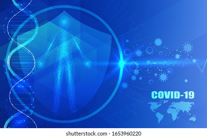 COVID-19,Technologie-Hintergrund. Design-Konzept für den Schutz vor Viruspandemie. Chinesischer Virusausbruch Quarantäne, Vektorillustration der Gesundheitswesen.