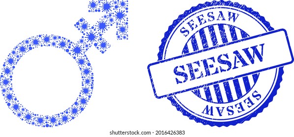Covid-2019 collage alternate gender symbol icon, and grunge SEESAW badge. Alternate gender symbol mosaic for breakout templates, and rubber round blue stamp seal.