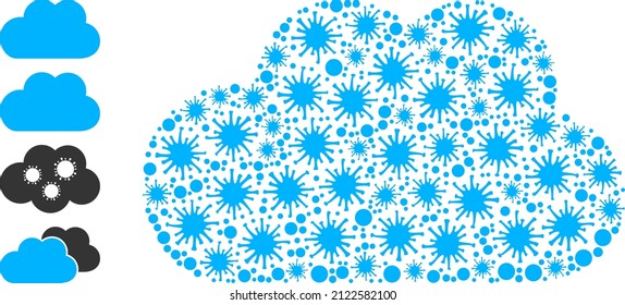Covid-2019 collage cloud icon, and additional icons. Cloud mosaic for isolation templates. Vector mosaic is organized with scattered Covid-2019 icons.
