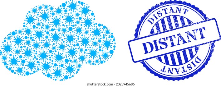 Covid-2019 collage cloud icon, and grunge DISTANT stamp. Cloud collage for epidemic templates, and grunge round blue stamp seal. Vector mosaic is created of randomized cell items.