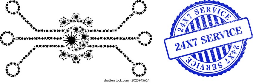 Covid-2019 collage digital tech icon, and grunge 24X7 SERVICE seal. Digital tech collage for epidemic templates, and grunge round blue seal print. Vector mosaic is formed of scattered Covid icons.