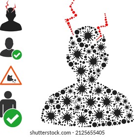 Covid-2019 collage head migrain sick icon, and additional icons. Head migrain sick collage for epidemic templates. Vector collage is organized of randomized virus icons.