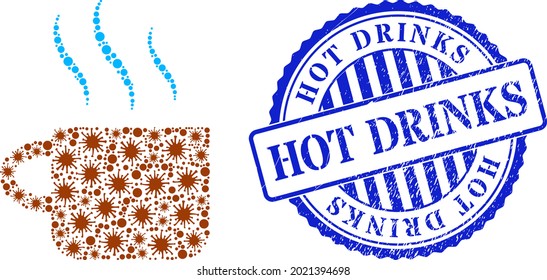 Icono del collage de té caliente Covid-2019, y sello de sello de sello de BEBIDAS CALIENTES grunge. Collage de taza de té caliente para imágenes de ruptura, y sello azul redondo rayado.