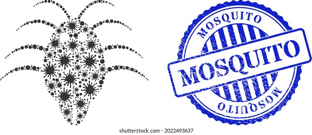 Covid-2019 collage parasite icon, and grunge MOSQUITO badge. Parasite collage for epidemic images, and unclean round blue stamp seal. Vector collage is designed with random Covid-2019 items.