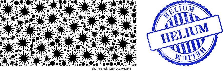 Covid-2019 collage rectangle icon, and grunge HELIUM seal stamp. Rectangle collage for pandemic templates, and rubber round blue watermark. Vector collage is done from random Covid-2019 parts.