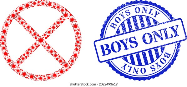 Covid-2019 collage restricted icon, and grunge BOYS ONLY seal stamp. Restricted collage for medical images, and dirty round blue stamp. Vector collage is done of randomized Covid-2019 items.
