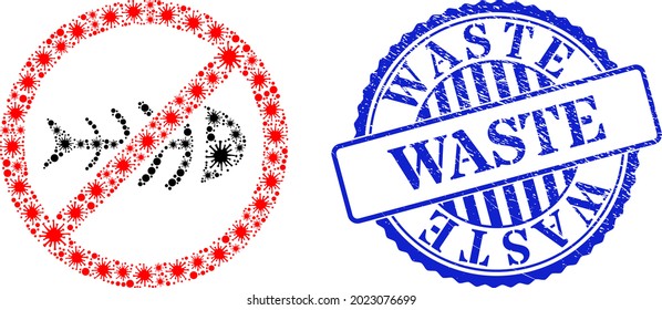 Covid-2019 collage stop toxic waste icon, and grunge WASTE stamp. Stop toxic waste collage for epidemic images, and grunge round blue seal.
