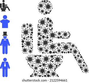 Covid-2019 collage toilet sitting person icon, and additional icons. Toilet sitting person collage for pandemic templates. Vector mosaic is made from randomized Covid-2019 parts.