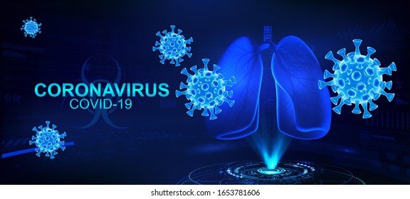 COVID-2019 (coronavirus) with human lugs hologram on a blue futuristic background. Deadly type of virus causes the severe illness SARS (Severe Acute Respiratory Syndrome). 3D Coronavirus bacteria. 