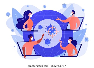 Covid-2019 global response concept illustration. International efforts, online medical conference, preventive measures, governmental control concept. Bright vibrant violet vector isolated illustration