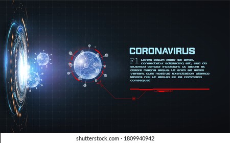 COVID-2019. Hologram of coronavirus on blue futuristic background. The bacterium enters through a futuristic portal, spreading the virus. Deadly type of virus 2019-nCoV. Callouts titles virus. Vector