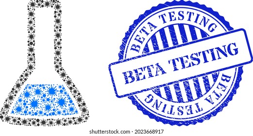 Covid-2019 mosaic chemical retort icon, and grunge BETA TESTING seal. Chemical retort collage for pandemic templates, and rubber round blue stamp.