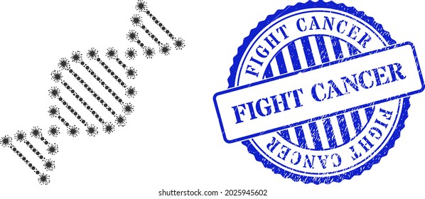 Covid-2019 Mosaic DNA Molecule Icon, And Grunge FIGHT CANCER Seal. DNA Molecule Mosaic For Medical Templates, And Rubber Round Blue Stamp Seal. Vector Mosaic Is Formed From Randomized Covid Icons.