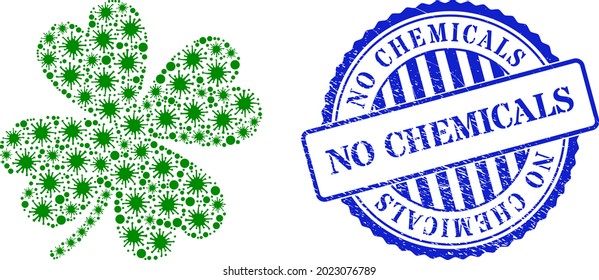 Covid-2019 mosaic lucky clover leaf icon, and grunge NO CHEMICALS seal stamp. Lucky clover leaf mosaic for breakout templates, and grunge round blue watermark.