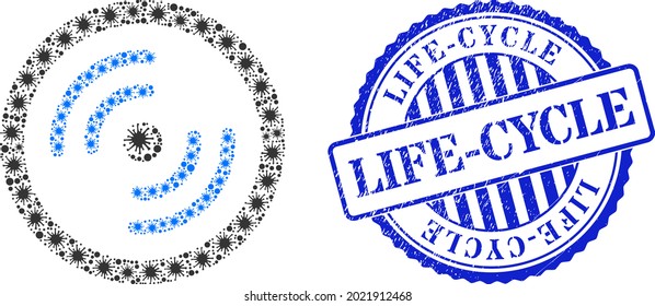 Covid-2019 mosaic rotor rotation icon, and grunge LIFE-CYCLE seal. Rotor rotation mosaic for breakout images, and rubber round blue seal imitation.