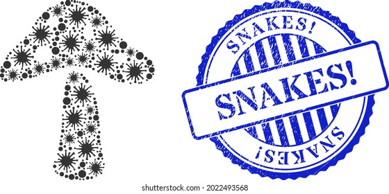 Covid-2019 mosaic toxic mushroom icon, and grunge SNAKES Exclamation seal stamp. Toxic mushroom collage for medical images, and textured round blue seal. Vector collage is created of randomized Covid