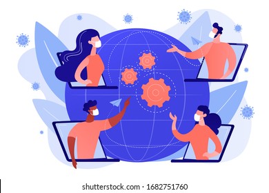 Covid-2019 quarantine business response concept illustration. Online business, social distance, online conference, preventive measures concept. Bright vibrant violet vector isolated illustration