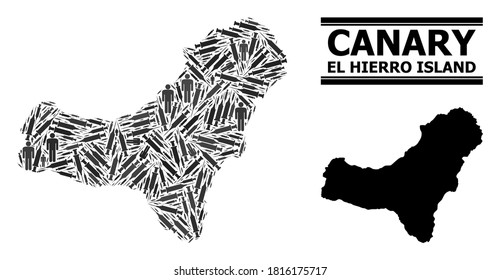 Covid-2019 Treatment mosaic and solid map of El Hierro Island. Vector map of El Hierro Island is composed with injection needles and human figures. Collage is useful for lockdown alerts.