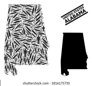 Covid-2019 Mosaico de tratamiento y mapa sólido del estado de Alabama. Mapa vectorial del estado de Alabama organizado de íconos de inoculación y figuras masculinas. La plantilla es útil para las plantillas de tratamiento.