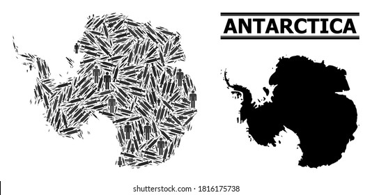 Covid-2019 Treatment mosaic and solid map of Antarctica. Vector map of Antarctica is composed of vaccine doses and human figures. Illustration is useful for medical purposes.