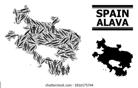 Covid-2019 Treatment mosaic and solid map of Alava Province. Vector map of Alava Province is created from vaccine symbols and men figures. Illustration designed for treatment purposes.