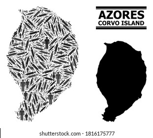 Covid-2019 Treatment mosaic and solid map of Corvo Island. Vector map of Corvo Island is designed with vaccine doses and men figures. Illustration for medical aims. Final win over Covid-2019.