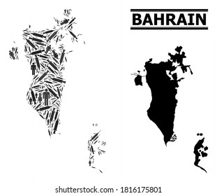 Covid-2019 Treatment mosaic and solid map of Bahrain. Vector map of Bahrain is shaped with injection needles and human figures. Abstraction for epidemic alerts. Final win over Covid-2019.