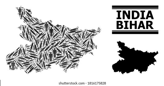 Covid-2019 Treatment mosaic and solid map of Bihar State. Vector map of Bihar State is designed with injection needles and human figures. Illustration designed for outbreak templates.