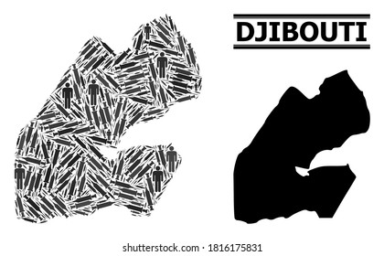 Covid-2019 Treatment mosaic and solid map of Djibouti. Vector map of Djibouti is designed from vaccine symbols and men figures. Illustration for health care ads. Final win over Covid-2019.