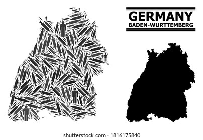 Covid-2019 Treatment mosaic and solid map of Baden-Wurttemberg State. Vector map of Baden-Wurttemberg State is designed from vaccine doses and human figures. Illustration for medical alerts.