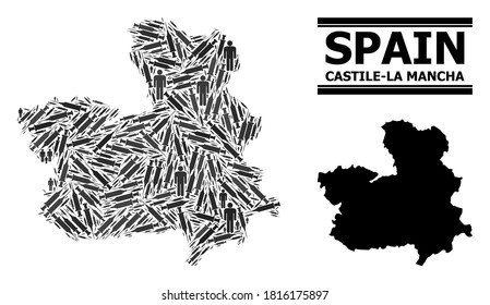 Covid-2019 Treatment mosaic and solid map of Castile-La Mancha Province. Vector map of Castile-La Mancha Province is made of inoculation icons and people figures.