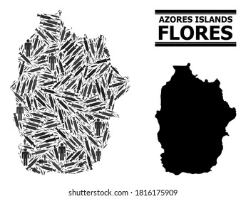 Covid-2019 Treatment mosaic and solid map of Azores - Flores Island. Vector map of Azores - Flores Island is shaped from injection needles and men figures. Illustration is useful for treatment aims.