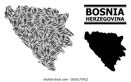 Covid-2019 Treatment mosaic and solid map of Bosnia and Herzegovina. Vector map of Bosnia and Herzegovina is organized from syringes and men figures. Template designed for lockdown purposes.