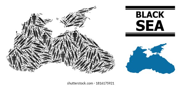 Covid-2019 Treatment mosaic and solid map of Black Sea. Vector map of Black Sea is composed of vaccine doses and men figures. Illustration is useful for safety aims. Final win over Covid-2019.