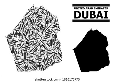 Covid-2019 Treatment mosaic und solide Karte von Dubai Emirat. Die Vektorkarte von Dubai Emirat besteht aus Symbolen und menschlichen Figuren. Vorlage ist nützlich für medizinische Vorlagen.
