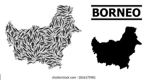 Covid-2019 Treatment mosaic and solid map of Borneo Island. Vector map of Borneo Island is designed with inoculation icons and men figures. Template for health care purposes.